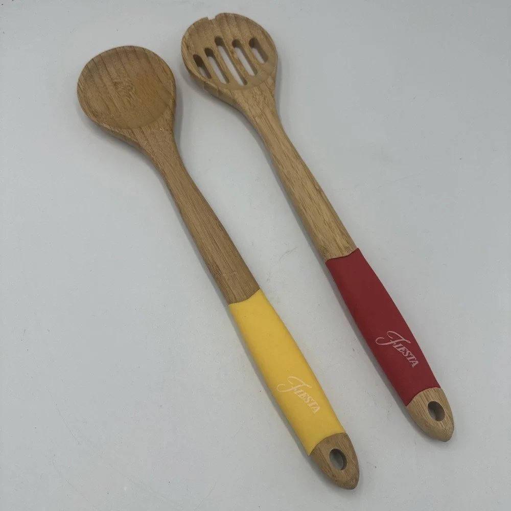 Fiesta 2 Piece Utensil Bamboo Servers Spoon Slotted SUNFLOWER Yellow & Red READ